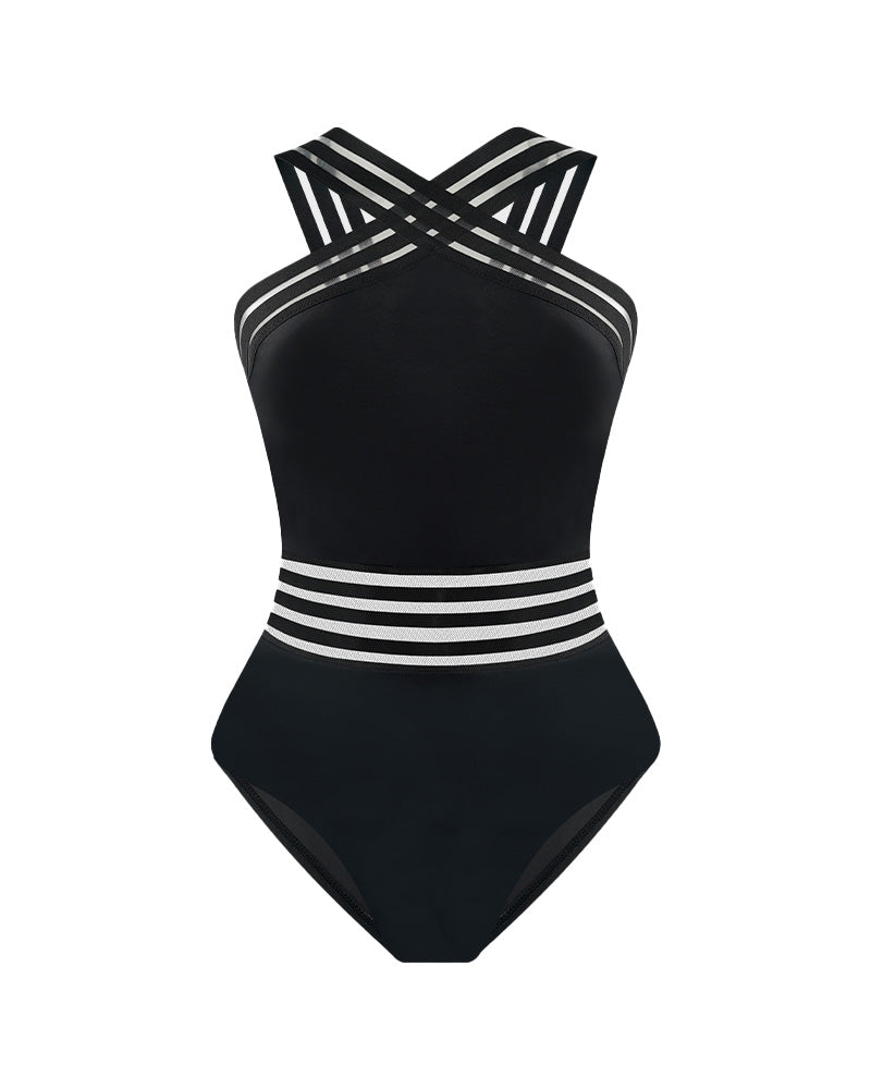 Striped Mesh Insert Cross-Over Halter Neck Swimsuit