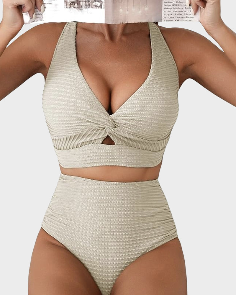Textured Knot-Front High-Waisted Bikini Set