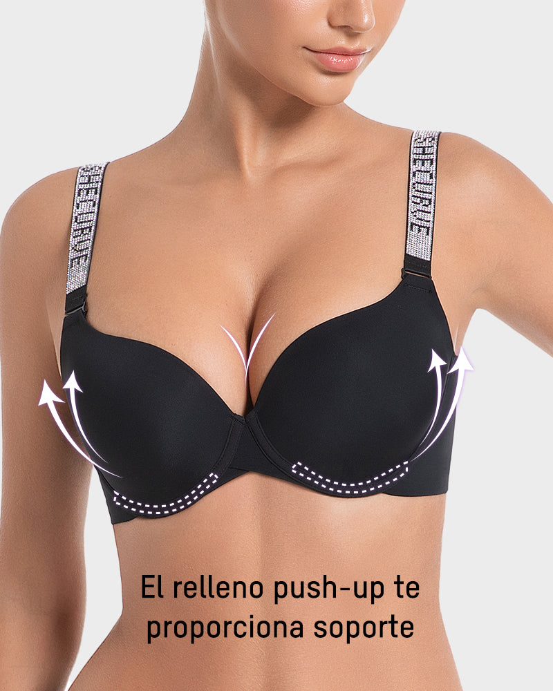 Sujetador Push-Up con Aros y Escote en V Profundo con Tirantes de Pedrería