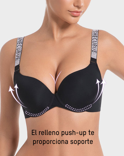 Sujetador Push-Up con Aros y Escote en V Profundo con Tirantes de Pedrería