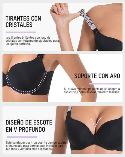 Sujetador Push-Up con Aros y Escote en V Profundo con Tirantes de Pedrería