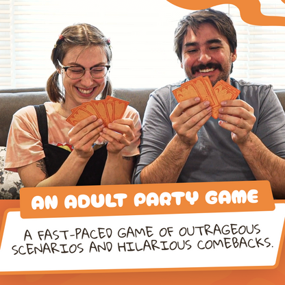 Two friends laughing while playing an adult party card game at home. Caption reads “An Adult Party Game – A fast-paced game of outrageous scenarios and hilarious comebacks.”