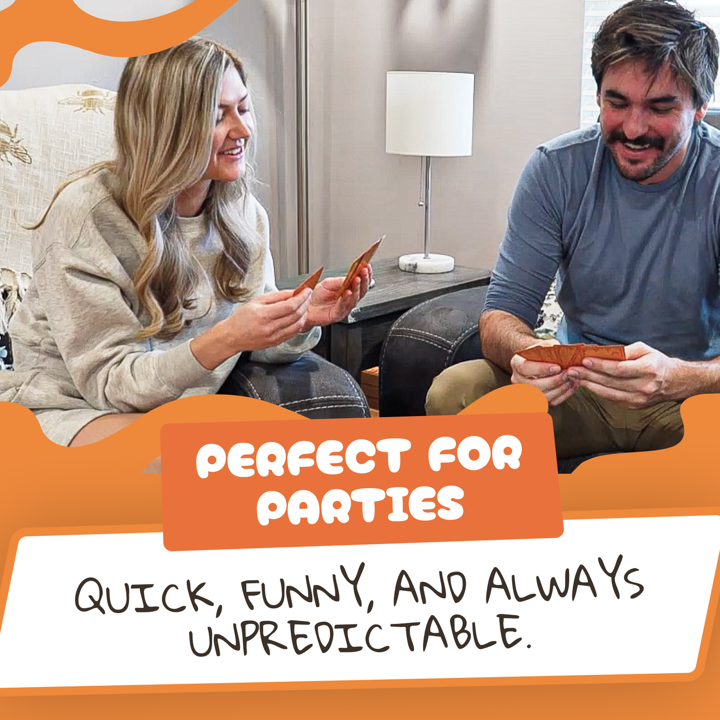 A man and woman smiling as they play a funny card game together on the couch. Text overlay says Perfect for Parties – Quick, funny, and always unpredictable.