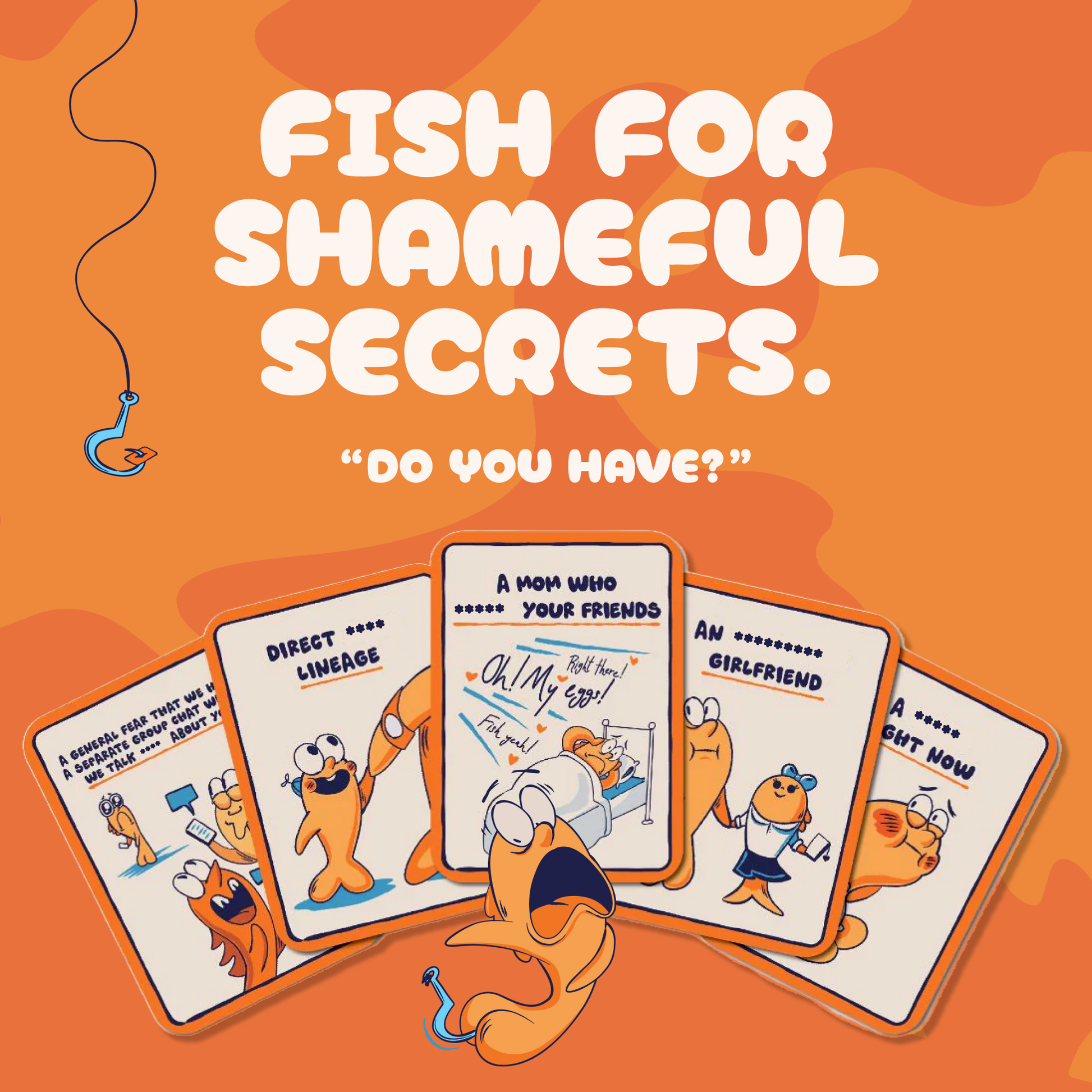 A set of illustrated cards featuring cartoon fish with funny adult phrases. Text says “Fish for shameful secrets – Do you have?