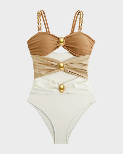 Gold Beads Detailing Cut-Out Ruched One Piece Swimsuit