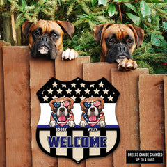 Welcome - Personalized Shield Dog Wooden Sign