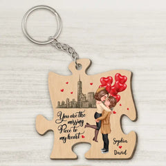 The Missing Piece To My Heart Doll Couple Hugging Kissing Gift For Him For Her Personalized Wooden Keychain