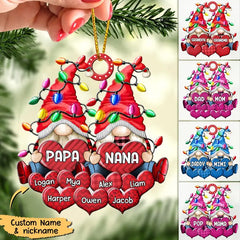 Colorful Christmas Light Gnome Couple Papa Mom Grandma Nana Daddy Loves Sweet Heart Kids Personalized Ornament