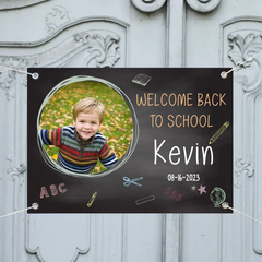 Banner fotográfico para el primer día de clases, Bienvenido de nuevo a la escuela, Por fin un escolar