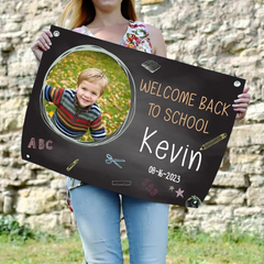 Banner fotográfico para el primer día de clases, Bienvenido de nuevo a la escuela, Por fin un escolar