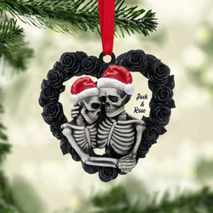 Black Rose Heart Shape - Personalized Skeleton Couple Flat Ornament, Christmas Tree Decor