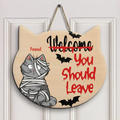 Letrero personalizado para puerta, regalo de Halloween para amantes de los gatos, mamá gato, papá gato, padres de gatos, bienvenido, debe irse