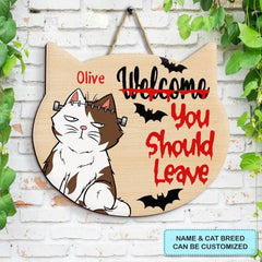 Letrero personalizado para puerta, regalo de Halloween para amantes de los gatos, mamá gato, papá gato, padres de gatos, bienvenido, debe irse