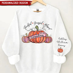 Thankful Grateful And Blessed Grandma With Pumpkin Grandkids Fall Season Personalized 2D Sweatshirt Custom Sleeve