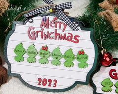 Personalized Family Christmas Ornament, Grinch Family Ornament, Family of 2-12 Ornament with Pet Dog, Holiday Keepsake, Family 2023