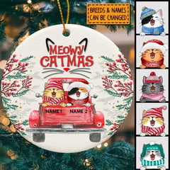 Meowy Catmass, Red Truck Circle Ceramic Ornament, Personalized Cat Breeds Ornament, Cat Lovers Gifts