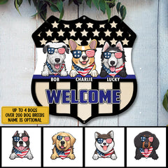 Welcome - Personalized Shield Dog Wooden Sign